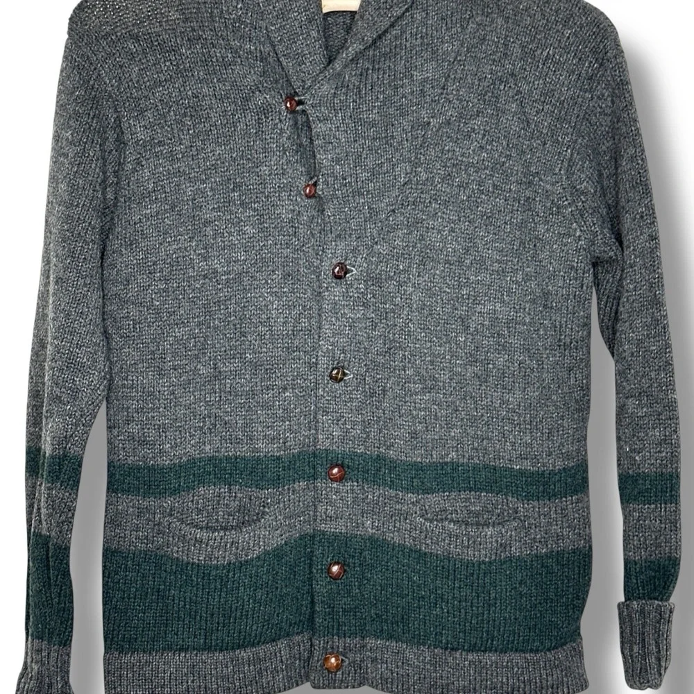 Vintage Polo Ralph Lauren Mens Varsity Wool Cardigan Sweater Gray Green‎ Stripe